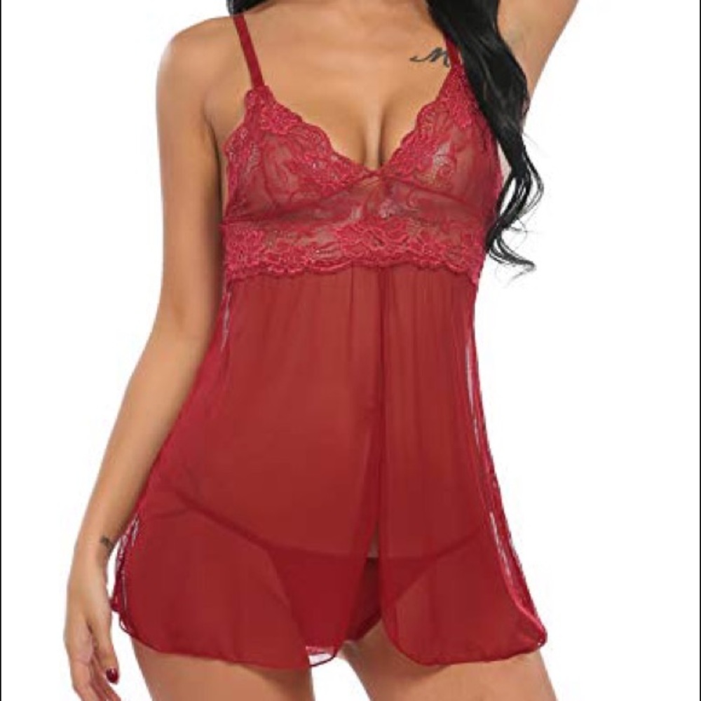 New w Tags Lace babydoll lingerie teddy v neck red